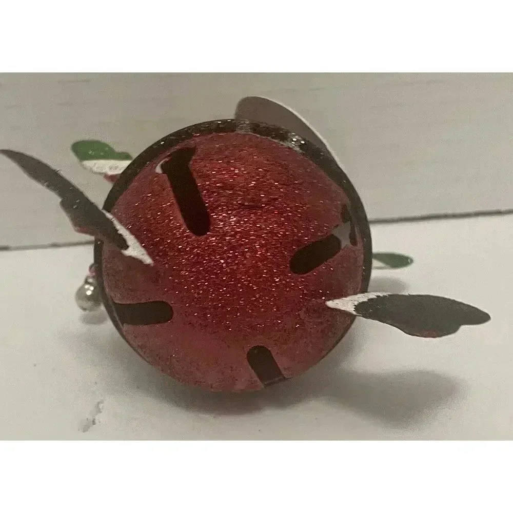 Glitter Santa Jingle Bell Ball Ornament With Swiveling Head Metal Christmas 4.5”